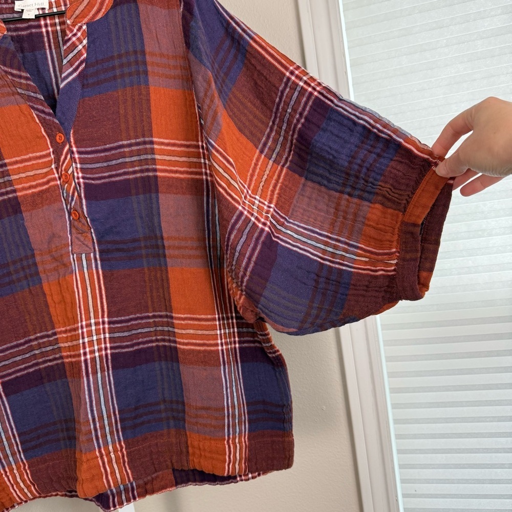 Garnet Hill‎ Organic Cotton Batwing Button Front Gauze Top Orange Purple Plaid 8 - Picture 3 of 8